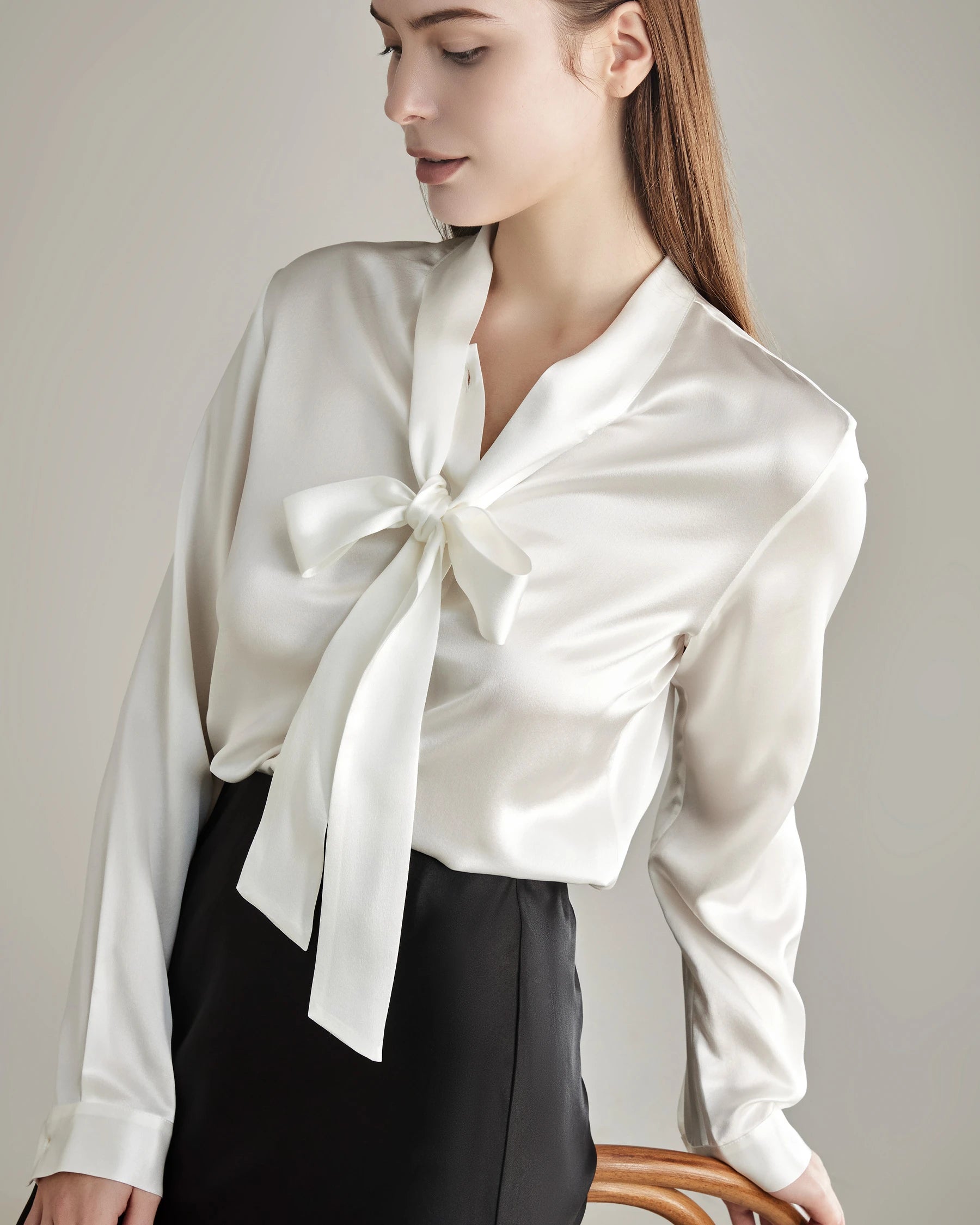 Elegant Silk Bow Tie Blouse Embroidered Floral Blouse
