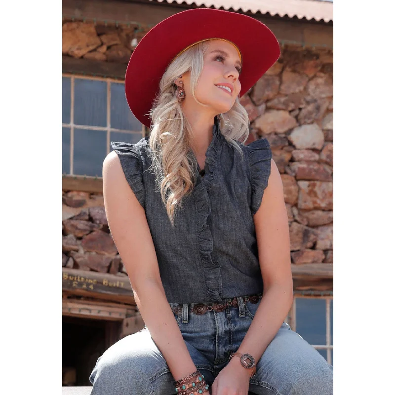 Cruel Girl Wmns Button-Down Sleeveless Ruffle Blouse - Denim Romantic Lace Blouse