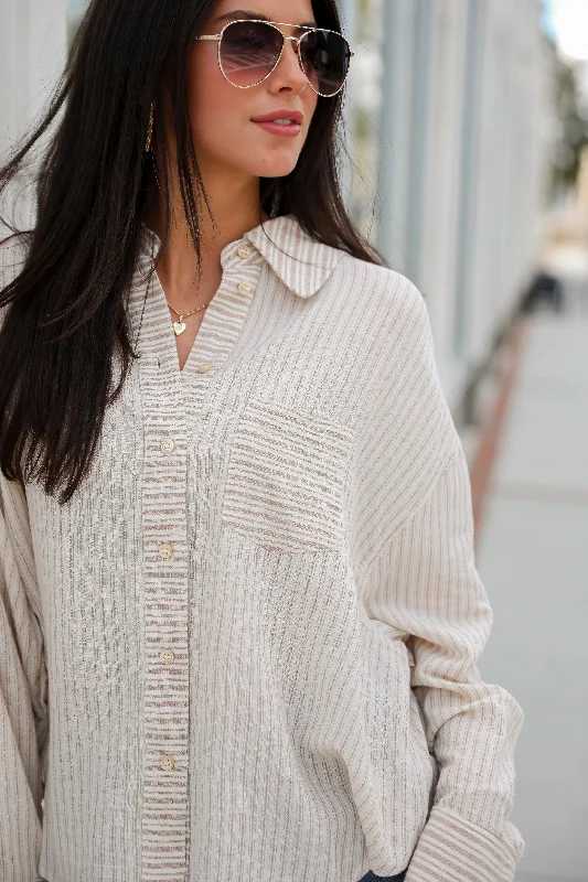 Adored Pose Taupe Striped Button-Up Blouse Sleeveless Summer Blouse