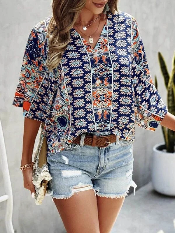 Casual Solid Flowy Loose Tunic Short Sleeve V Neck Blouse Casual Relaxed Fit Blouse