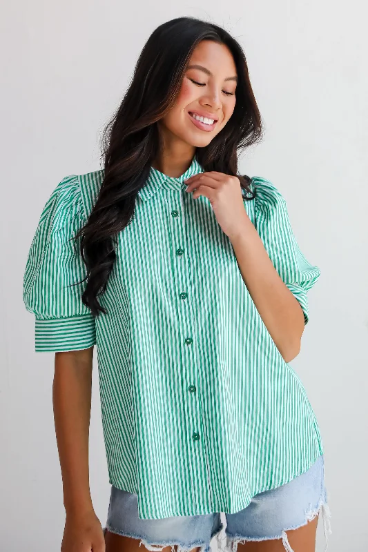FINAL SALE - Authentic Sweetness Green Striped Blouse Semi-Sheer Blouse