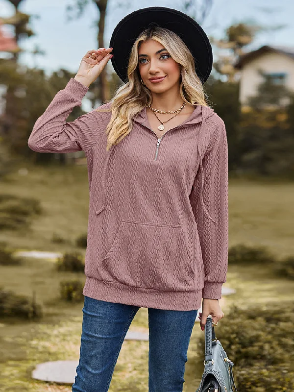 Cable-Knit Zip-Up Hooded Blouse Subtle Shimmer Blouse