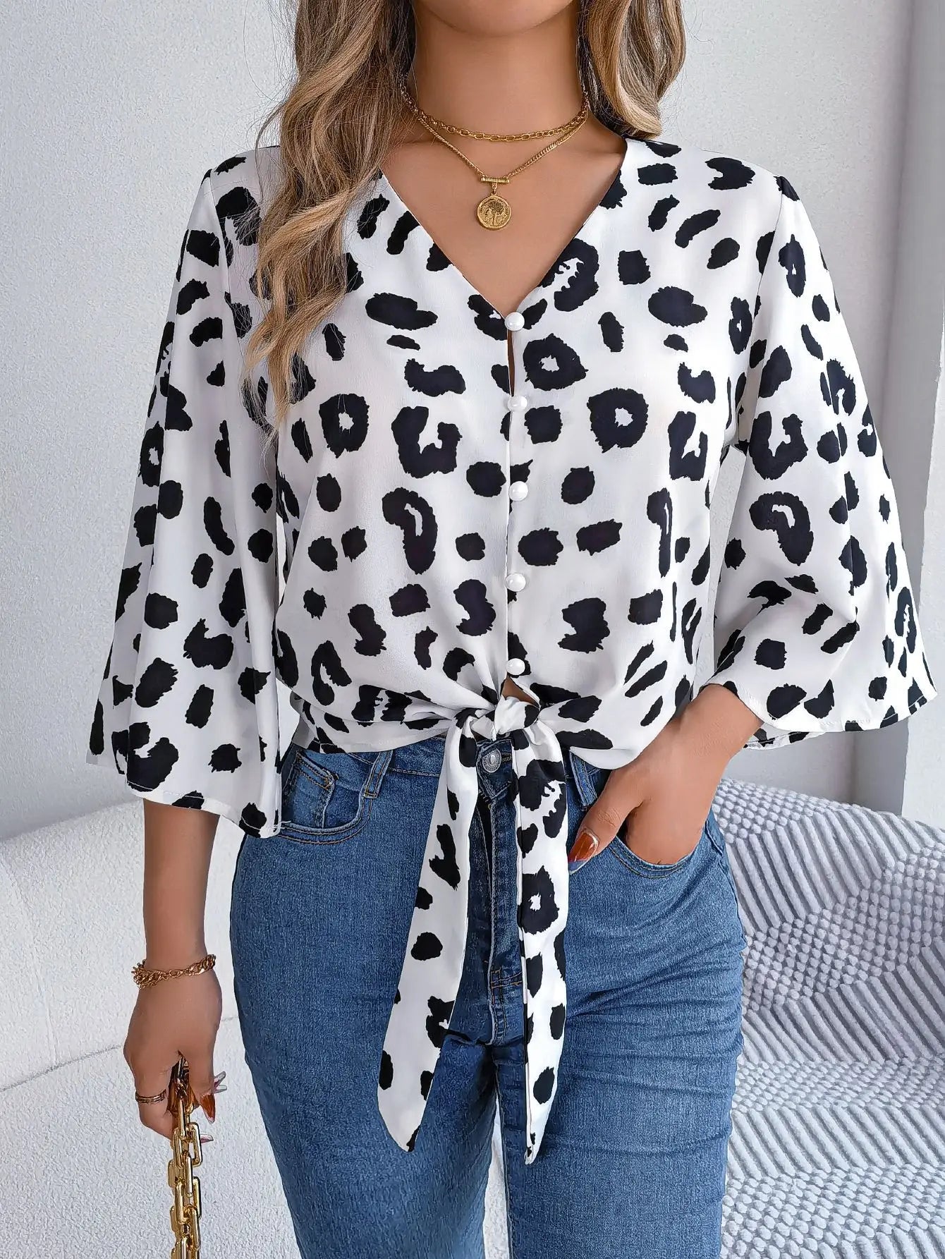 Casual V Neck 3/4 Sleeve Button Front Leopard Print Women's Blouse Frilled Cuff Blouse