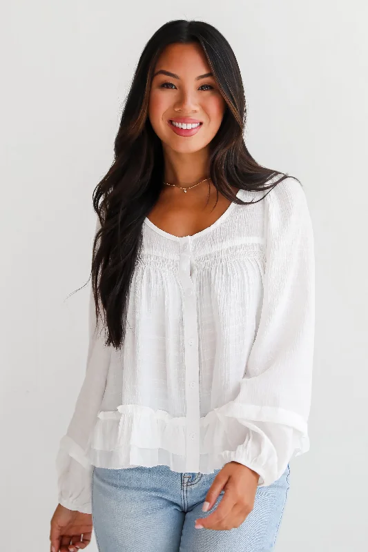 Composed Personality White Ruffle Blouse Polished Work Blouse