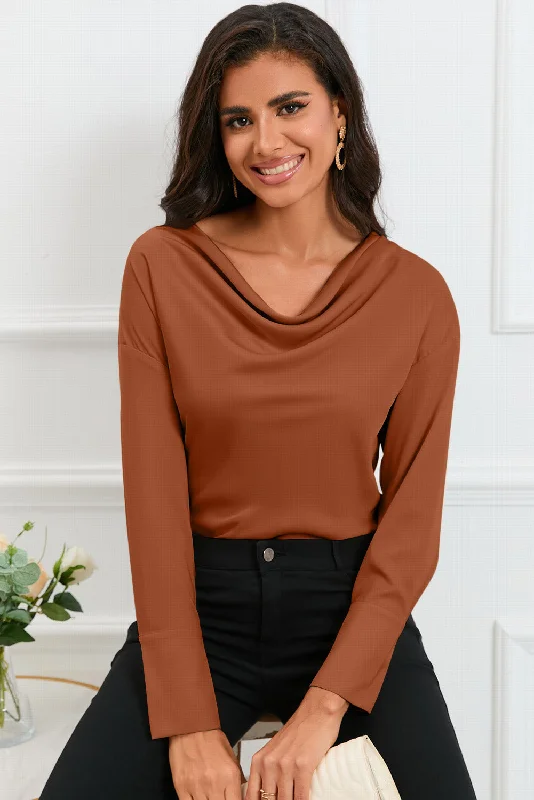 Cowl Neck Dropped Shoulder Long Sleeve Back Tie Blouse Double-Layered Blouse