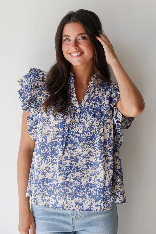 Dainty Ideal Blue Floral Blouse Office Formal Blouse