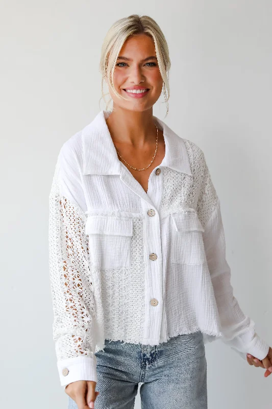 FINAL SALE - Dearly Adored White Linen Crochet Blouse Feminine Ruffle Blouse