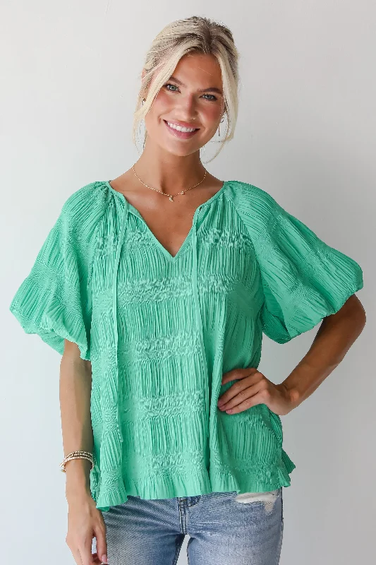 FINAL SALE - Elegant Confidence Green Textured Blouse Classic White Blouse