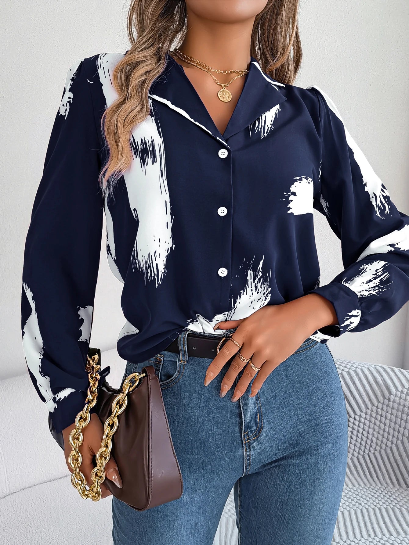 Elegant Long Sleeve Brush Print Button Front Work Office Women's Blouse Office-Ready Blouse