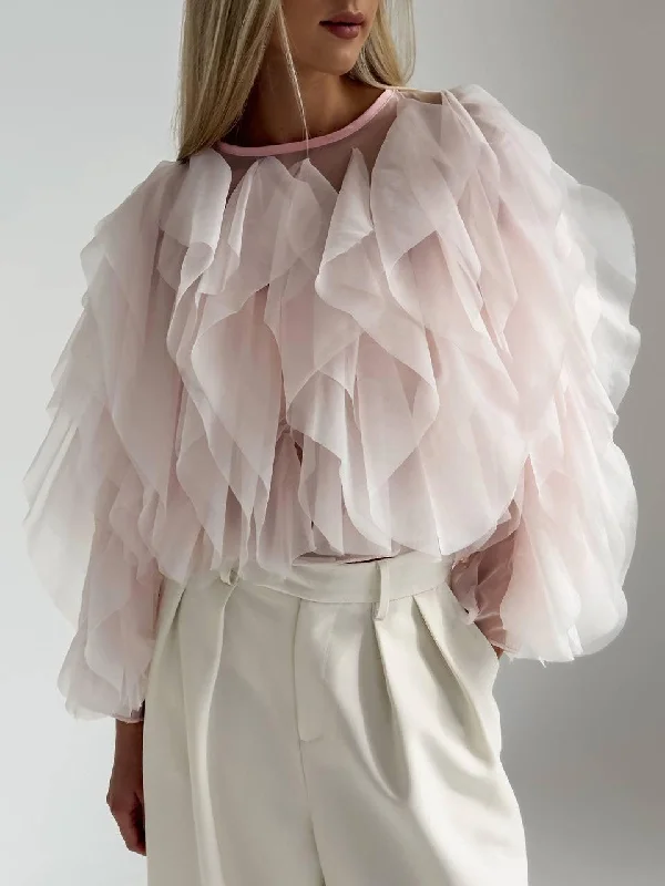 Elegant Tulle Detail Blouse Short Sleeve Blouse