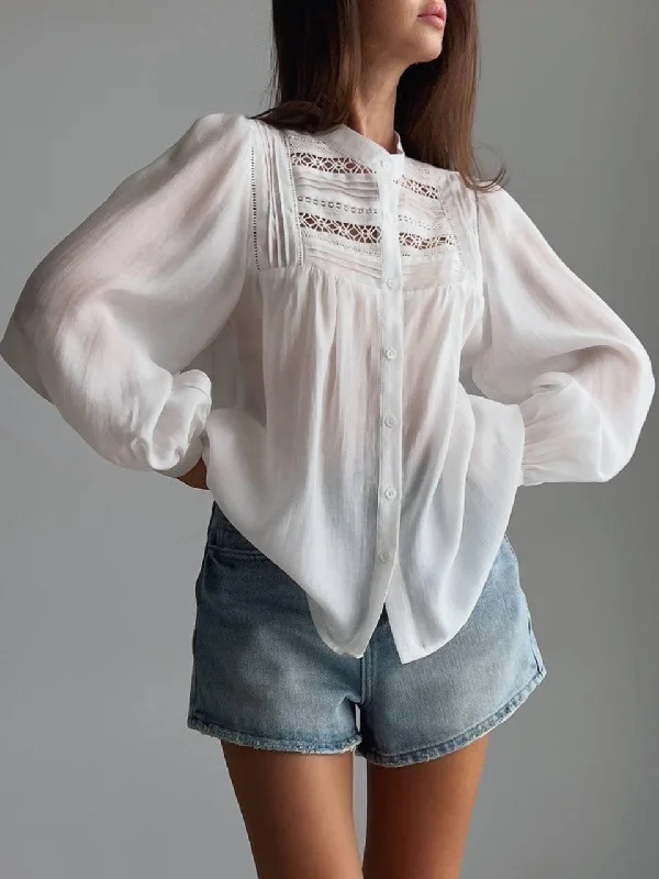 Elegant White Blouse with Lace Details Satin Long Blouse