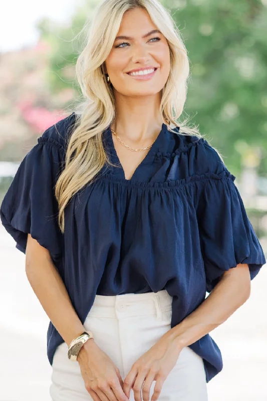 Faith In Love Light Navy Blue Ruffled Blouse Slim Fit Blouse