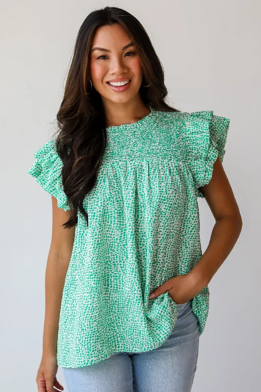 FINAL SALE - Feeling Girly Kelly Green Spotted Blouse Ruched Sleeve Blouse