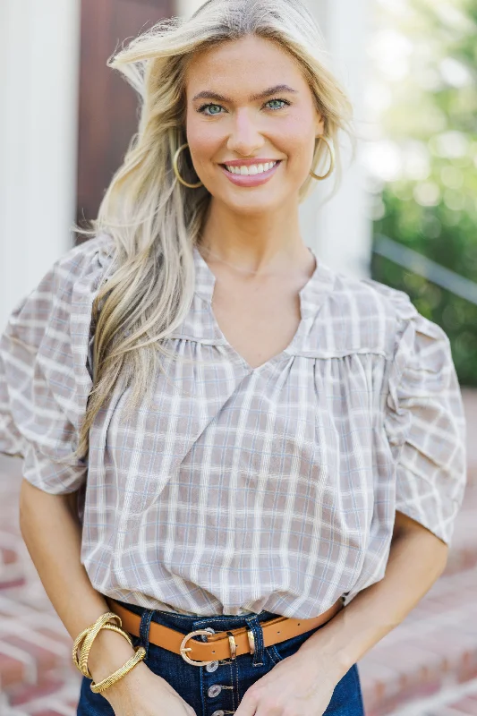 From The Start Taupe Plaid Blouse Casual Relaxed Blouse