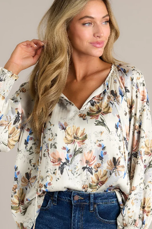 Golden Orchid Ivory Floral Balloon Sleeve Blouse Classic Striped Blouse