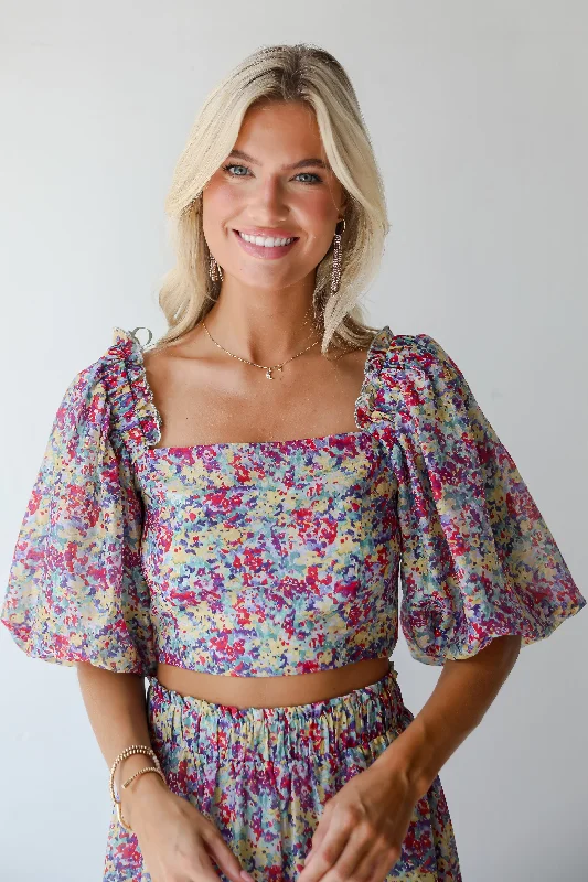 FINAL SALE - Instantly Perfect Multicolored Floral Cropped Blouse Sheer Mesh Blouse