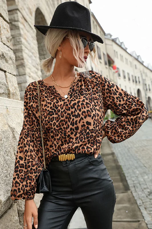 Leopard Lantern Sleeve Blouse Elegant Semi-Sheer Blouse