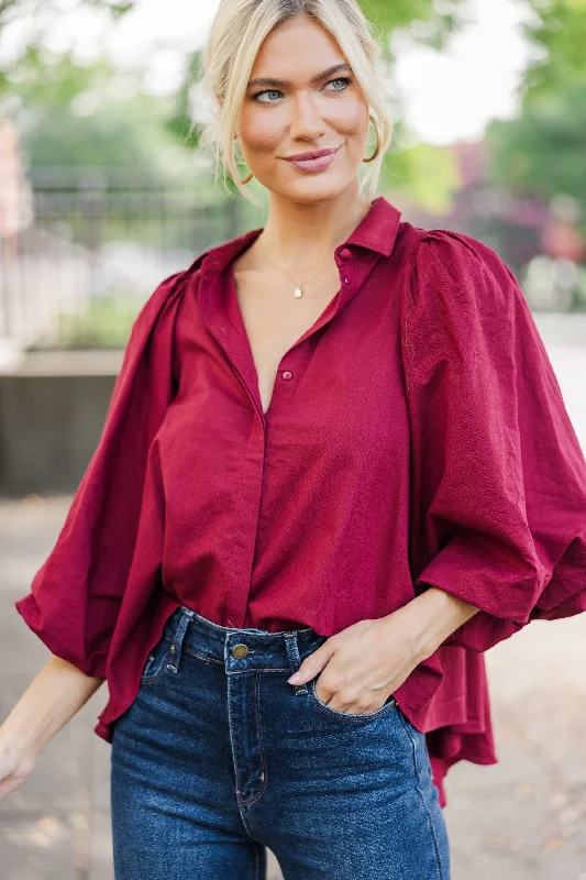 Let's Run Burgundy Red Bubble Sleeve Blouse Drape Neck Blouse