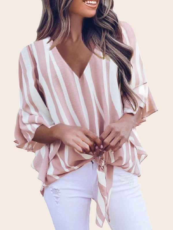 Loose Chiffon Off Shoulder Striped Front Tie 3/4 Sleeve Blouses Modern Work Blouse