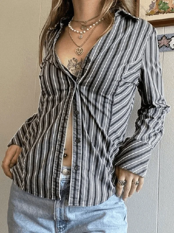 Striped Long Sleeve Button Blouse Collared Satin Blouse