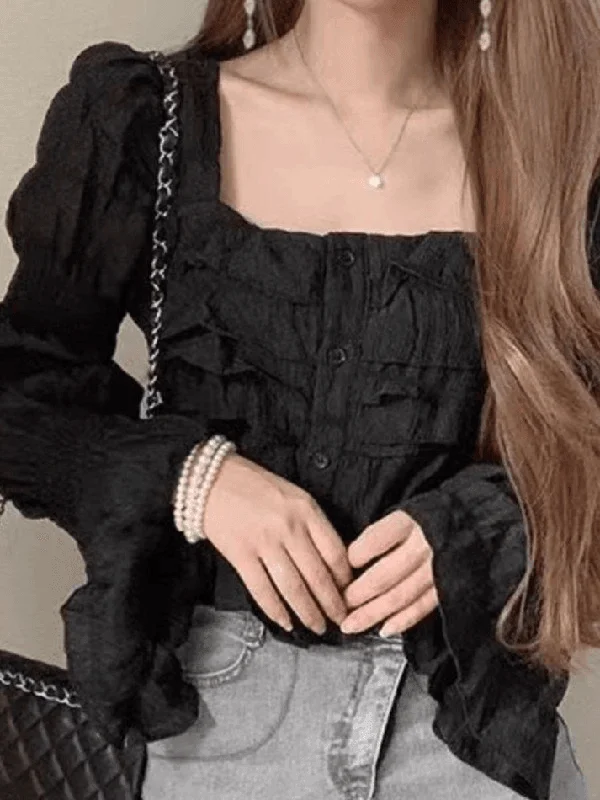 Ruffle Buttoned Cropped Long Sleeve Blouse Romantic Lace Blouse