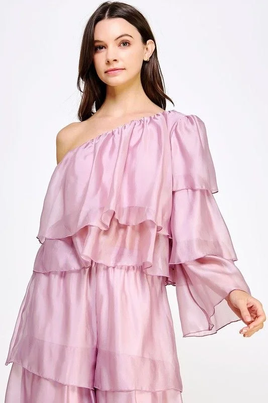 One Shoulder Tiered Organza Blouse Lightweight Floral Blouse