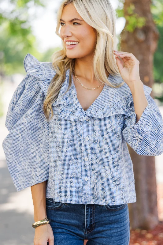 Play The Game Blue Gingham Blouse Elegant Embroidery Blouse