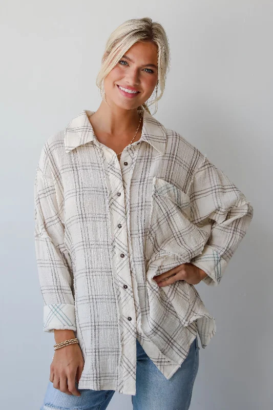 FINAL SALE - Playful Vibes Plaid Linen Button-Up Blouse Boho Chic Blouse