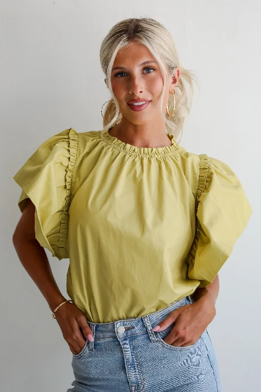 FINAL SALE - Precious Trend Chartreuse Ruffle Blouse Feminine Tie Blouse