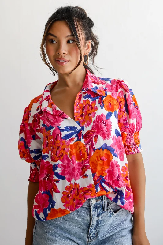 FINAL SALE - Profound Poise Pink Floral Blouse Classic White Blouse