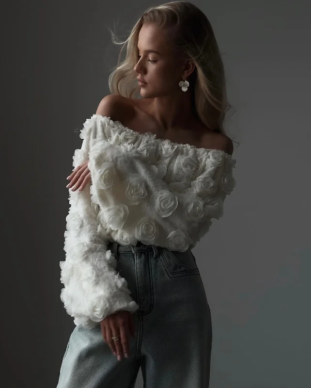 Romantic Rose-Appliqué Puff-Sleeved Blouse Chic Ruffle Blouse