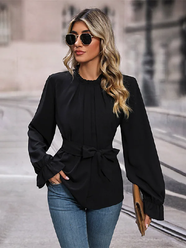 Round Neck Tie Waist Long Sleeve Blouse Office-Ready Blouse