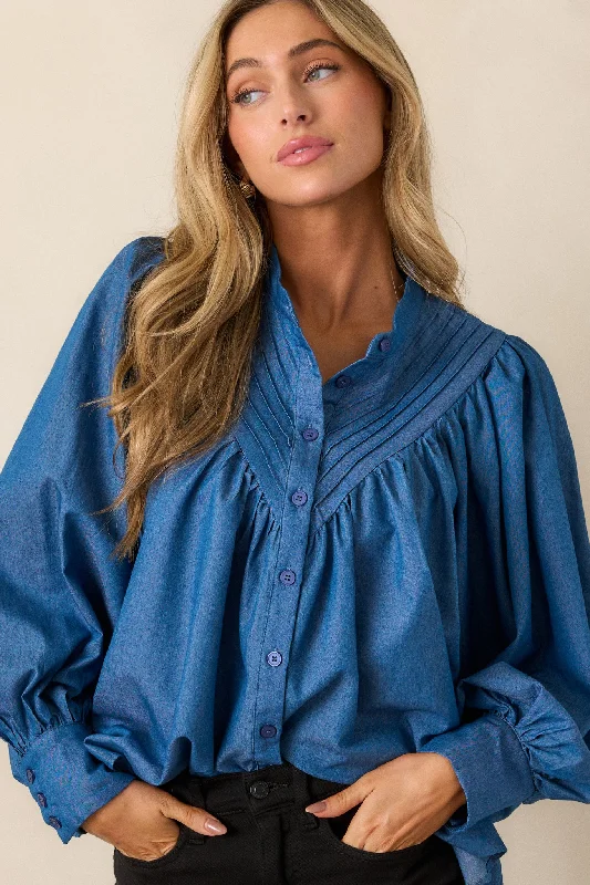 See What Happens Medium Wash Chambray Blouse Slim Fit Blouse