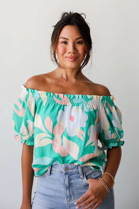 FINAL SALE - Sunshine Seeking Green Floral Blouse Embellished Collar Blouse