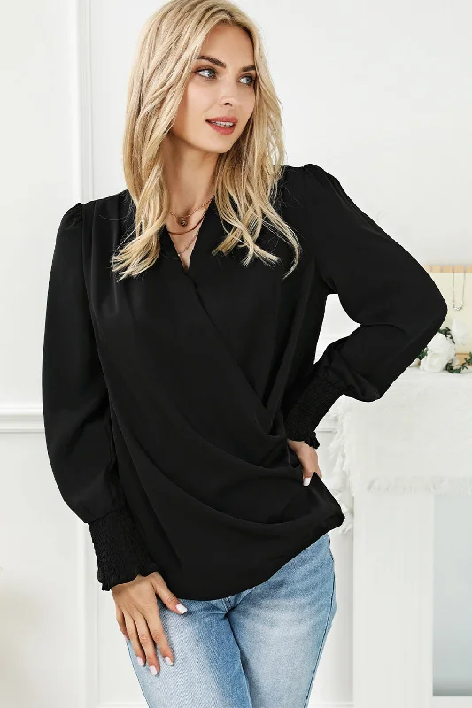 Surplice Neck Lantern Sleeve Blouse Soft Knit Blouse