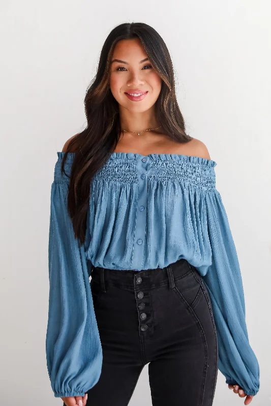 Utterly Pretty Blue Off-The-Shoulder Cropped Blouse - DU DEAL Backless Summer Blouse