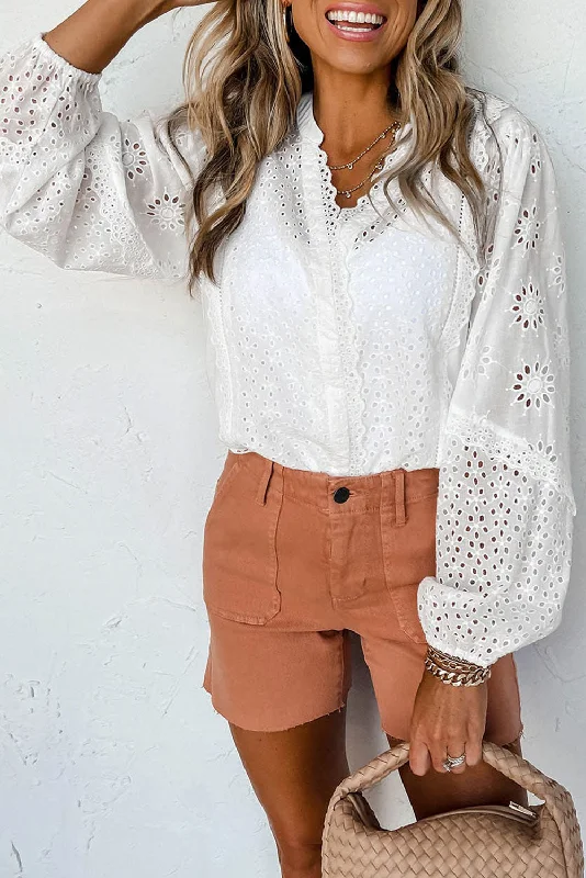 V-Neck Openwork Long Sleeve Blouse Elegant Semi-Sheer Blouse