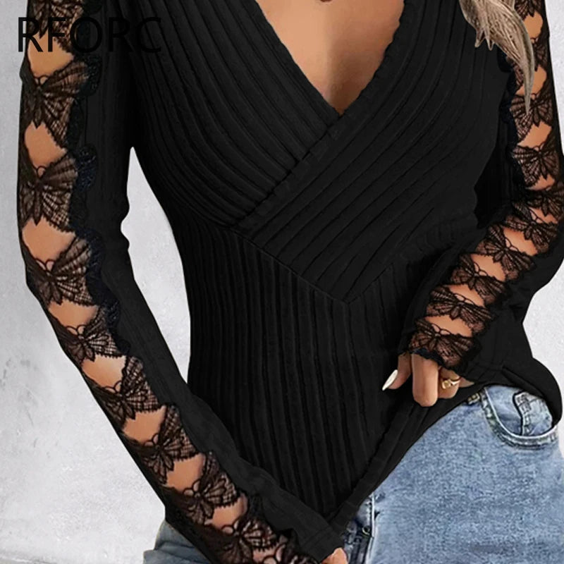 Women Deep V Neck Wrap Lace Bow Hollow Out  Knitting Basic Black Blouse Top Side Tie Blouse