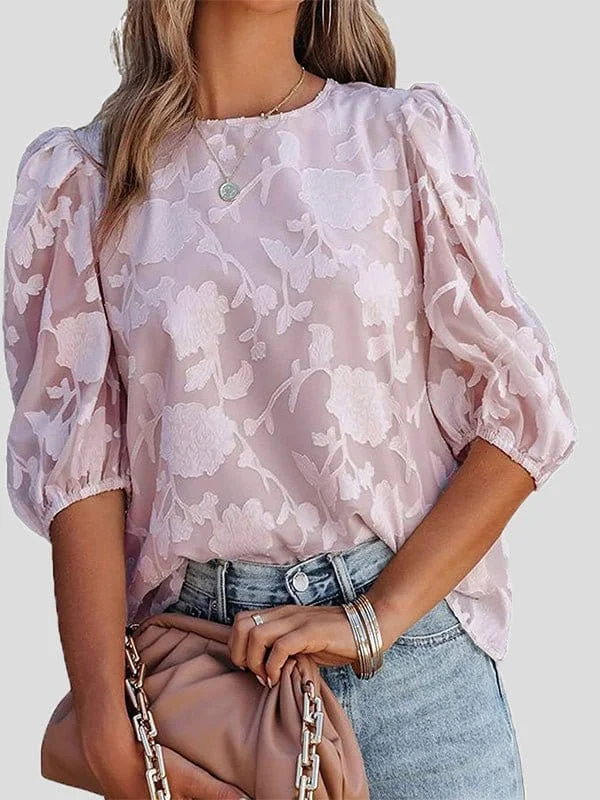 Floral Print Puff Half Sleeves Blouse Office Formal Blouse