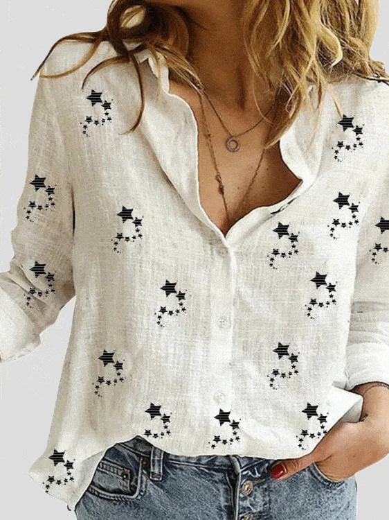 Small Star Print Button Long Sleeve Blouse Feminine Tie Blouse