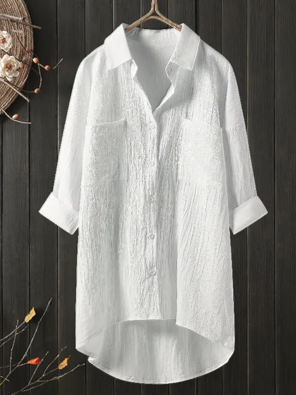 Solid Color Button Pocket Casual Collar Cotton Blouse Airy Cotton Blouse