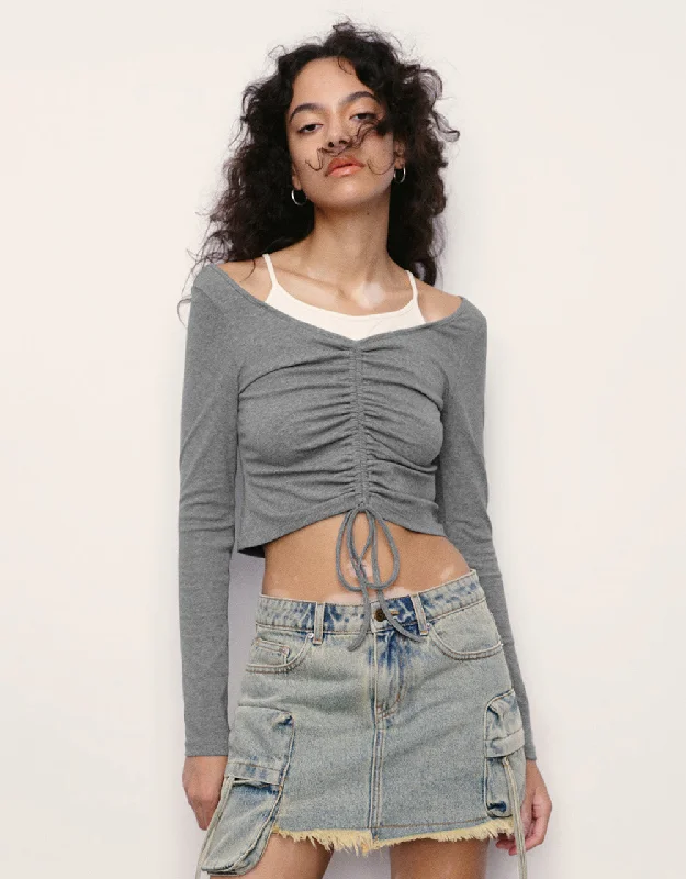 2 In 1 U Neck Skinny T-Shirt Lace Blend Ribbed Blend Corduroy Blend