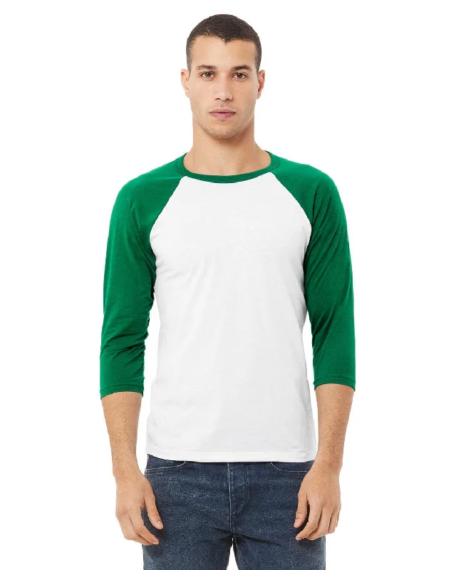 Bella+Canvas Unisex Triblend 3/4-Sleeve Baseball T-Shirt | White/ Kelly Fleece Nylon Spandex Bella+Canvas Unisex Triblend 3/4-Sleeve Baseball T-Shirt | White/ Kelly Fleece Nylon Spandex