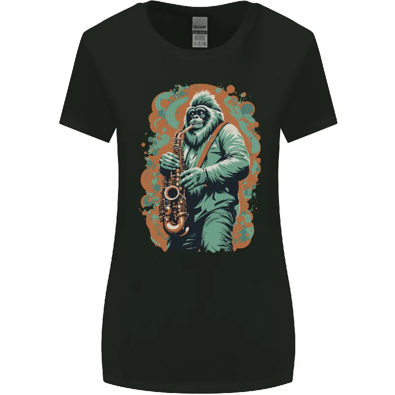Bigfoot Playing the Saxophone Ape Gorilla Womens Wider Cut T-Shirt Denim Fabric Leather Fabric Suede Fabric