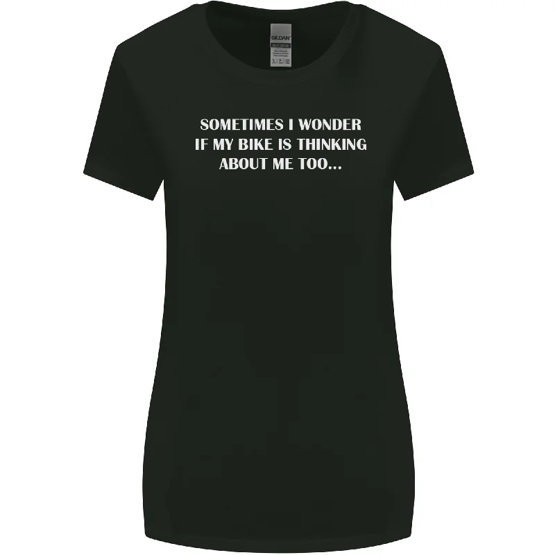 Bike Thinks of Me Cycling Biker Motorbike Womens Wider Cut T-Shirt Beaded Sequined Faux Fur Bike Thinks of Me Cycling Biker Motorbike Womens Wider Cut T-Shirt Beaded Sequined Faux Fur