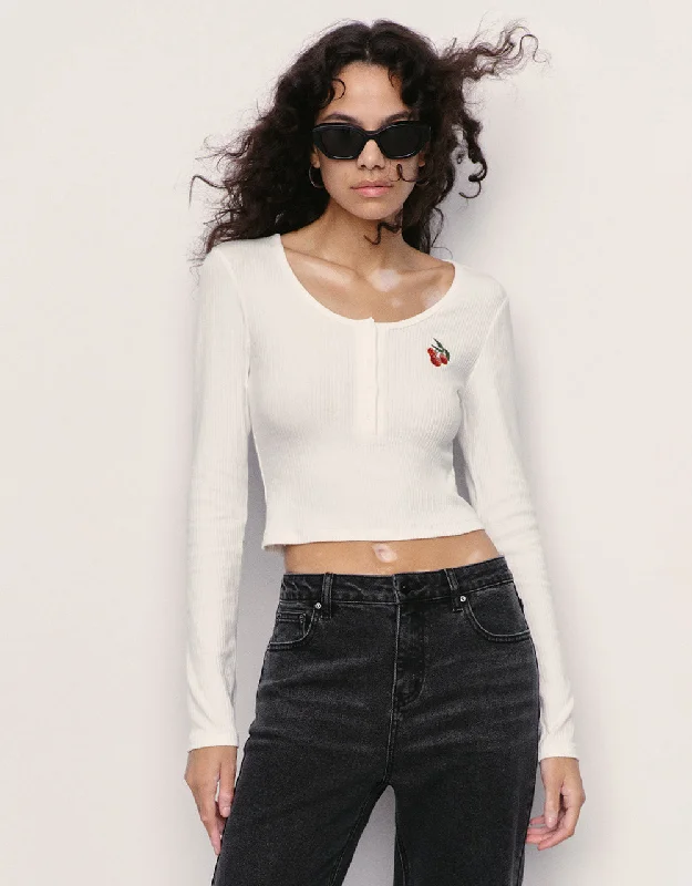 Fruit Embossed U Neck Skinny Knitted T-Shirt Notch Collar Peter Pan Collar Cowl Neck