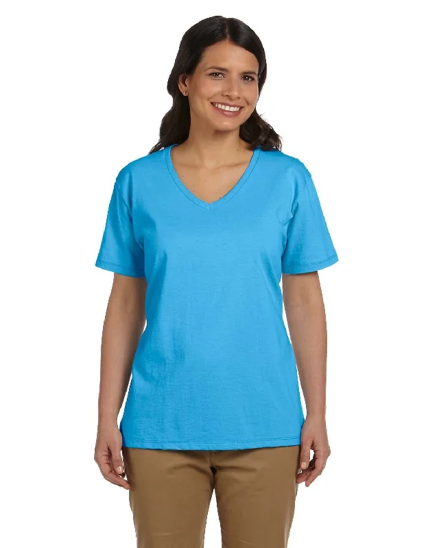 Hanes Ladies ComfortSoft V-Neck Cotton T-Shirt | Aquatic Blue Iron Safe Non-Iron Wrinkle Free