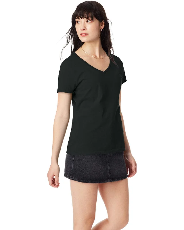 Hanes Ladies Ringspun Cotton Nano V-Neck T-Shirt | Black Zippered Front Buttoned Front Snap Front