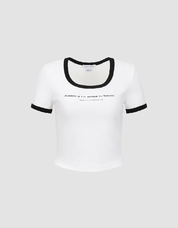 Letter Printed Crew Neck Skinny T-Shirt Jersey Fabric Tulle Fabric Batik Fabric