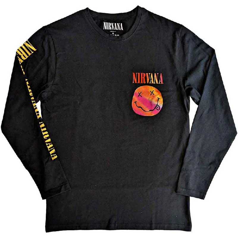 Nirvana Unisex | Official Band Long Sleeve T-Shirt | Gradient Happy Face (Back & Sleeve Print) Fleece Fabric Down Fabric Feather Fabric Nirvana Unisex | Official Band Long Sleeve T-Shirt | Gradient Happy Face (Back & Sleeve Print) Fleece Fabric Down Fabric Feather Fabric
